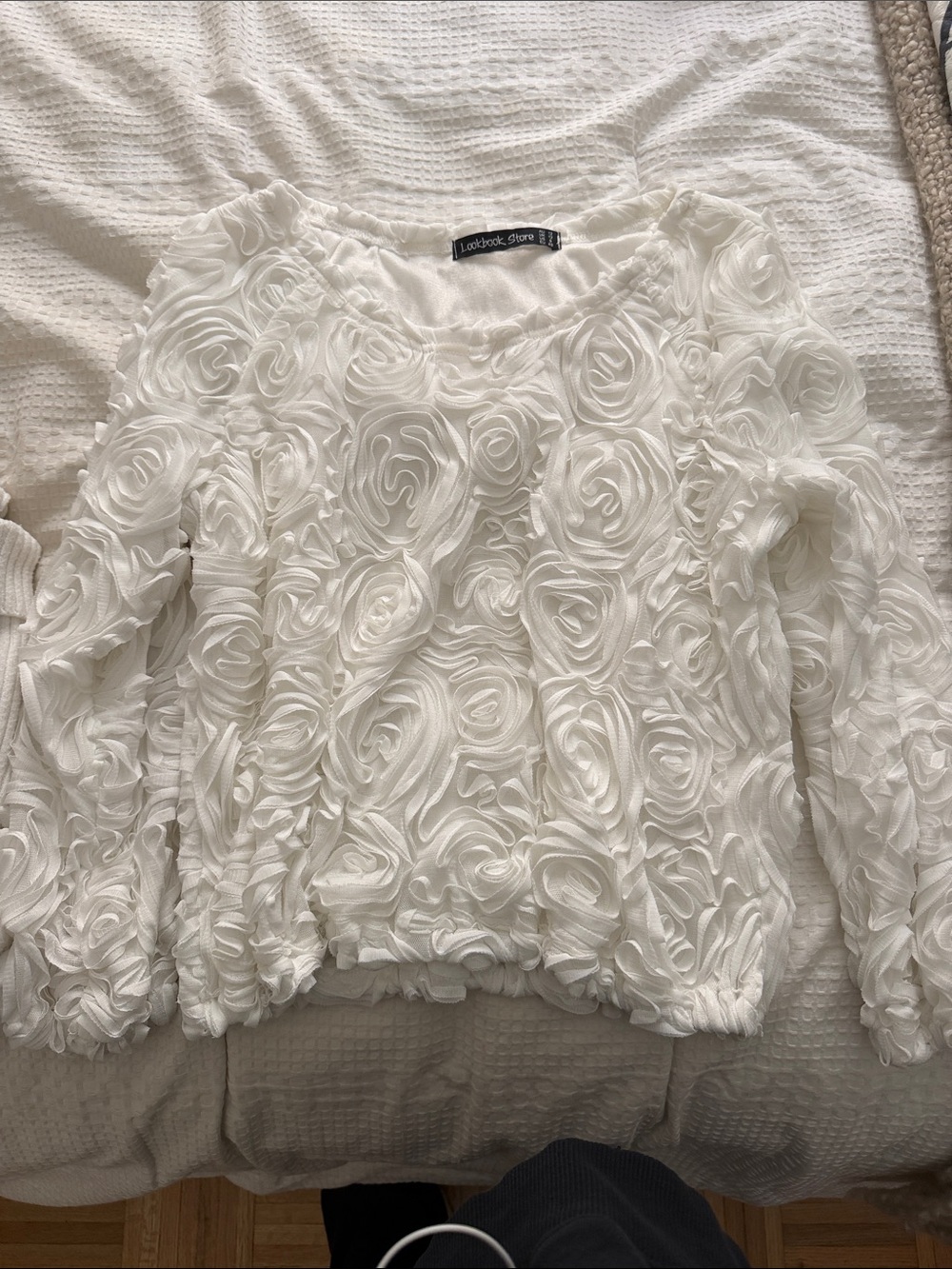 Laceback Store White Rosette-Embellished Long Sleeve Top